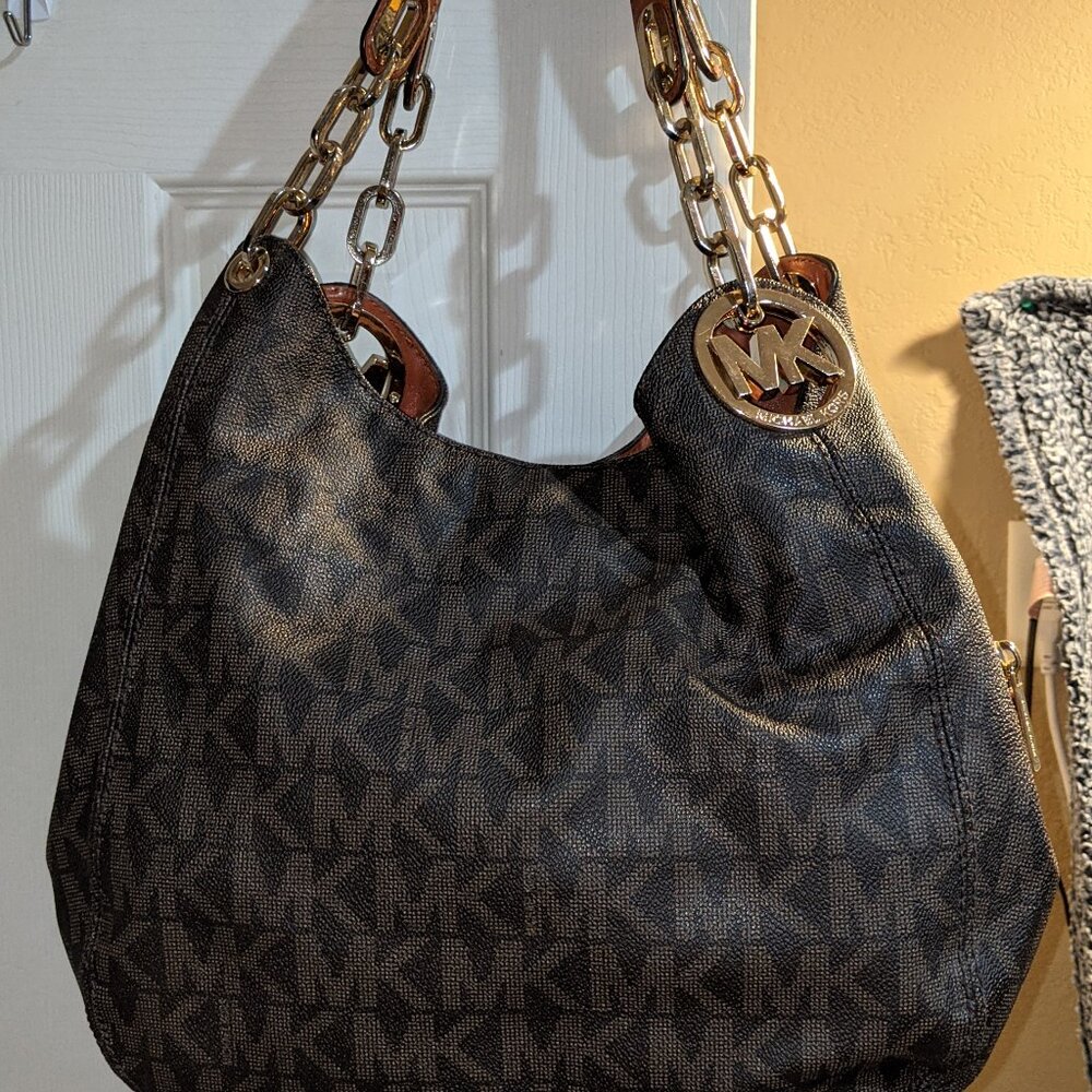 MICHAEL KORS FULTON SHOULDER HANDBAG BROWN LOGO SIGNATURE GOLD HARDWARE